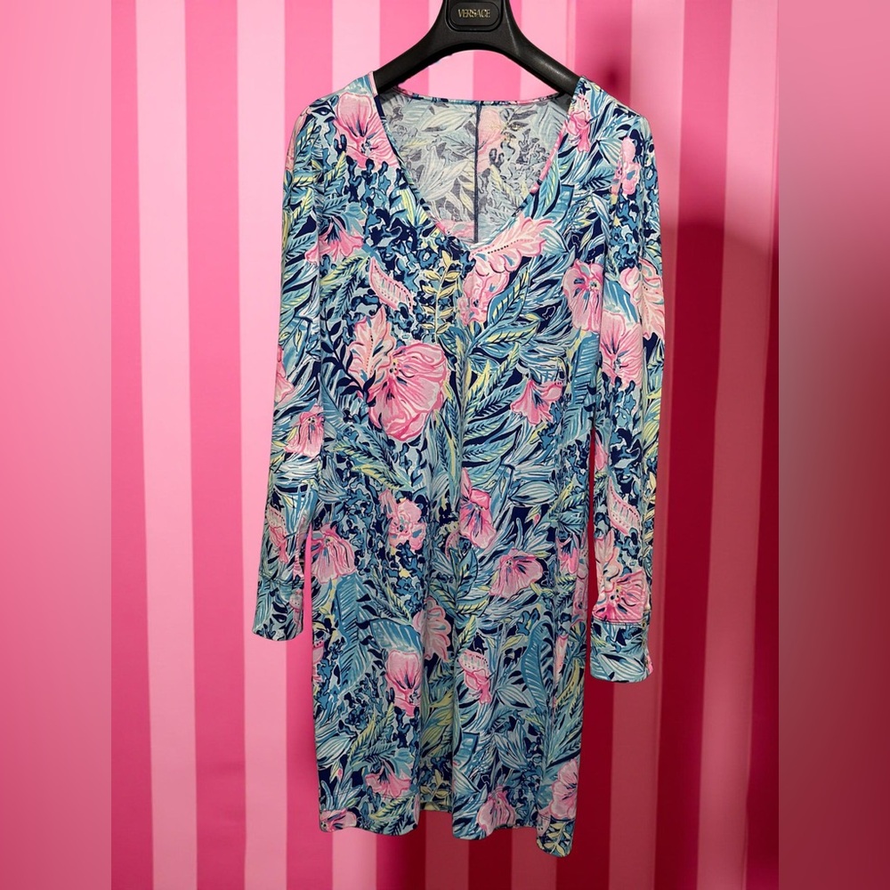 Lilly Pulitzer GUC Size M Classic Lilly Pink & Blue Long Sleeve Dress (0620)